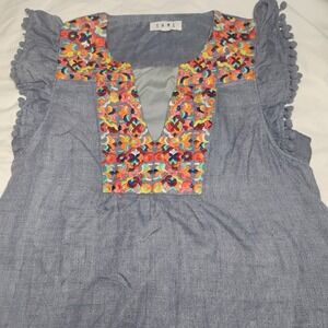 THML MULTICOLOR EMBROIDERED V-NECK BLUE DRESS WOMEN`S MEDIUM RUFFLE SLEEVE‎